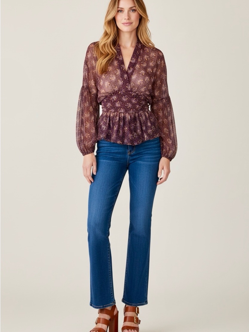 ZARA sheer paisley burgundy peplum wrap blouse | S M